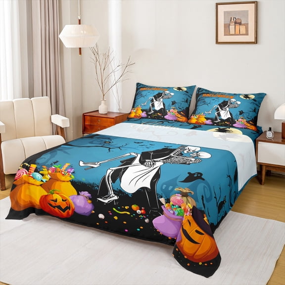 Manfei Funny Sugar Skull Bed Sheets 4pcs, Happy Halloween King Sheets, Pumpkin Lantern Spider Web Sheet Set, Lightweight Room Decor