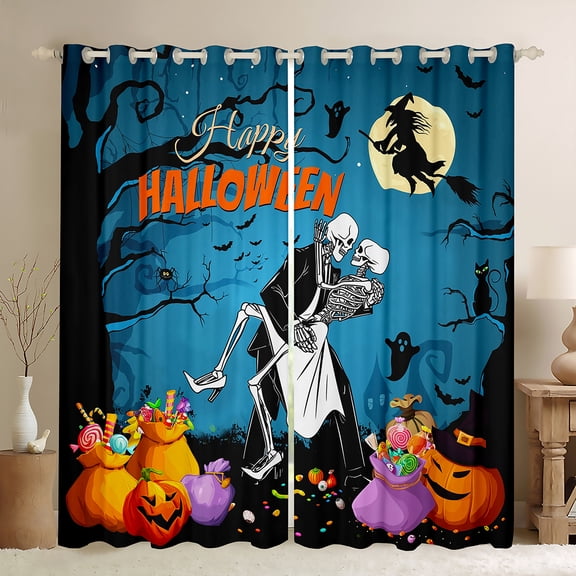 Manfei Funny Sugar Skull Blackout Curtains Set of 2 (52x84 Each), Happy Halloween Window Curtains, Pumpkin Lantern Spider Web Curtains and Drapes, Luxury Room Decor