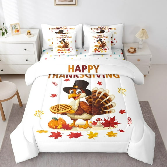 Manfei Funny Turkey Twin Bedding Sets 7-Piece,Happy Thanksgiving Bedding Comforter Set,Autumn Pumpkin Maples Sheet Sets For Teens,Microfiber Bedroom Decor,Reversible
