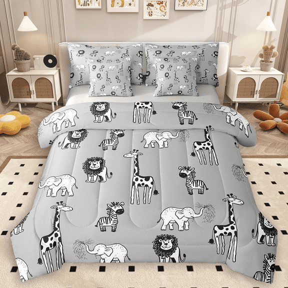 Manfei Funny Wildlife Bedding Comforter Set 7pcs, Kawaii Lion Giraffe Elephant King Bedding Sets, Cute Animals Bed Sheets, Lightweight Room Decor