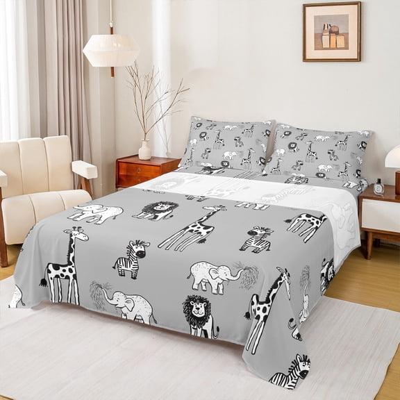 Manfei Funny Wildlife Twin Sheet Sets 3pcs, Kawaii Lion Giraffe Elephant Twin Fitted Sheet, Cute Animals Flat Sheet, Lightweight Room Decor