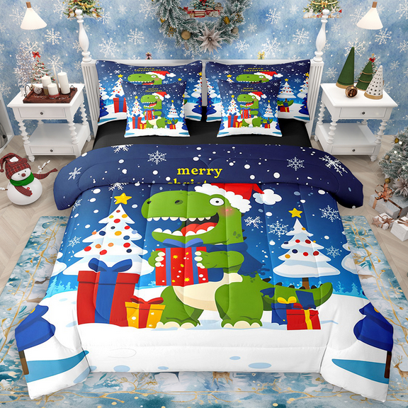Manfei Funny Xmas Dinosaur Twin Bedding Sets 7pcs, Kids Merry Christmas Bedding Comforter Set, Kawaii Animal Sheet Sets, Luxury Bedroom Decor