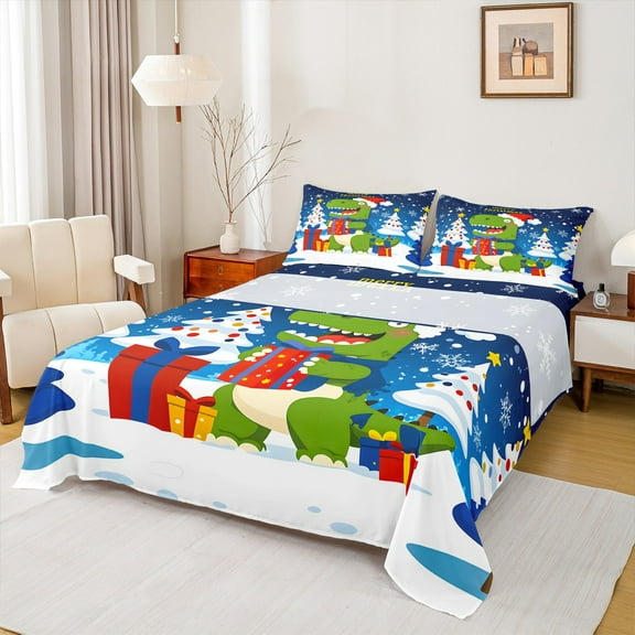 Manfei Funny Xmas Dinosaur Twin Sheet Sets 3pcs, Kids Merry Christmas Twin Fitted Sheet, Kawaii Animal Flat Sheet, Luxury Bedroom Decor