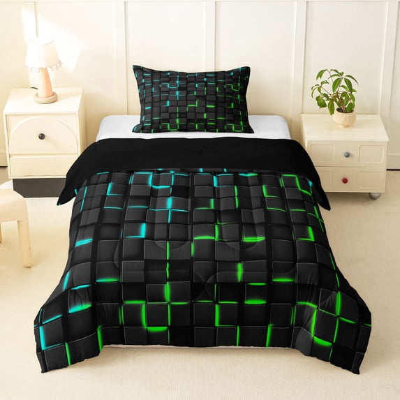 Manfei Futuristic 3D Neon Twin Comforter Sets, Glowing Square Bedding Set, Black Teal Green, Black Reversible 2-Piece, 1 Comforter and 1 Pillowcase