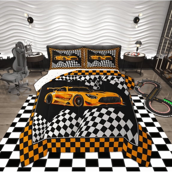 Manfei Futuristic Automobile Bedding Twin Comforter Set, Orange Geometric Down Comforter, Sports Car Reversible Duvet Insert, Breathable Bedroom Decorative, 2pcs