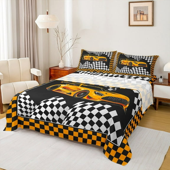 Manfei Futuristic Automobile Twin Sheet Sets, Orange Geometric Sheet Set Twin, Sports Car Bed Sheets Set Twin Size, Breathable Bedroom Decorative, 3pcs