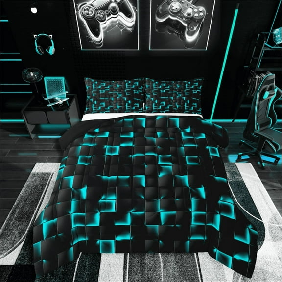 Manfei Futuristic Cubes 3-Piece Full Size Comforter Sets,Black Teal Bedding Comforter Set,Geometric Plaid Lightweight Bedding Sets,Lightweight Abstract Room Decor,Reversible