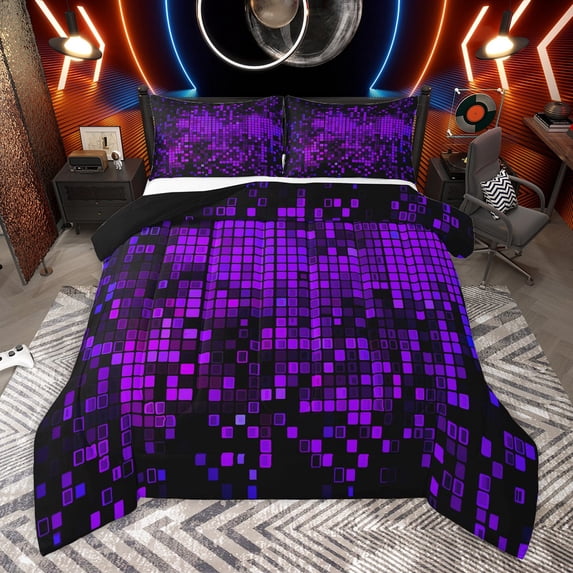 Manfei Futuristic Cubes 3-Piece Full Size Comforter Sets for Female Men,Black Green Plaid Bedding Comforter Set,Geometric Grid Lightweight Bedding Sets,Lightweight Room Decor,Reversible