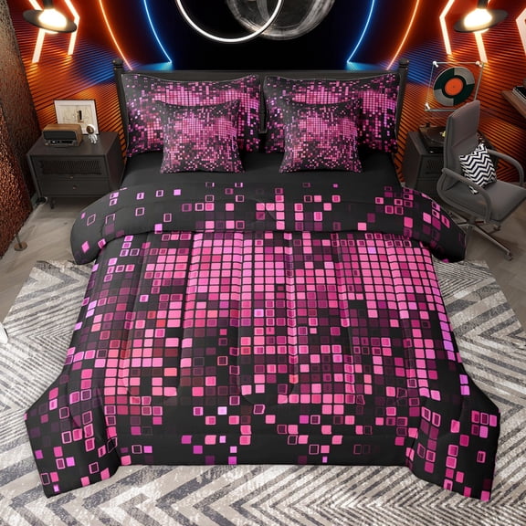 Manfei Futuristic Cubes 7-Piece Twin Bedding Sets for Female Men,Black Pink Plaid Bedding Comforter Set,Geometric Grid Breathable Sheet Sets,Lightweight Room Decor,Reversible