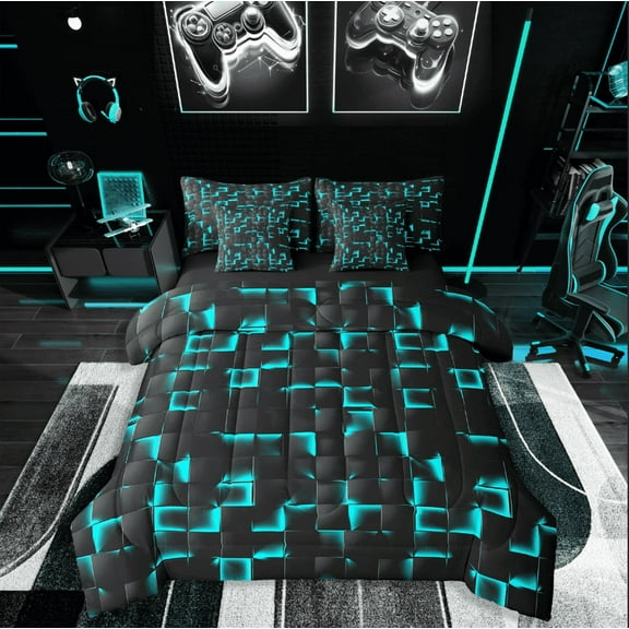 Manfei Futuristic Cubes 7pcs Bedding Comforter Set,Black Teal Queen Bedding Sets Super Cozy,Geometric Plaid Queen Sheet Sets,Lightweight Abstract Room Decor,Reversible