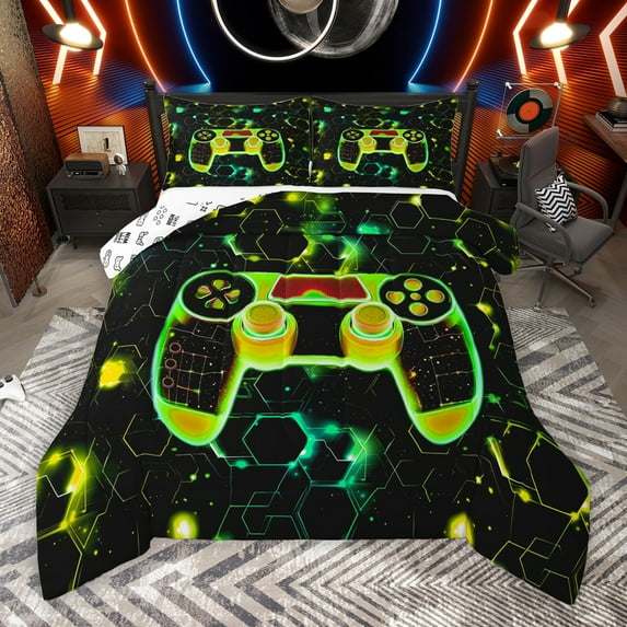Manfei Futuristic Game Console Full Size Comforter Sets, Psychedelic Starry Sky Bedding Comforter Set, Teens Kids Boys Reversible Bedding Sets, Lightweight Room Decor, 3pcs