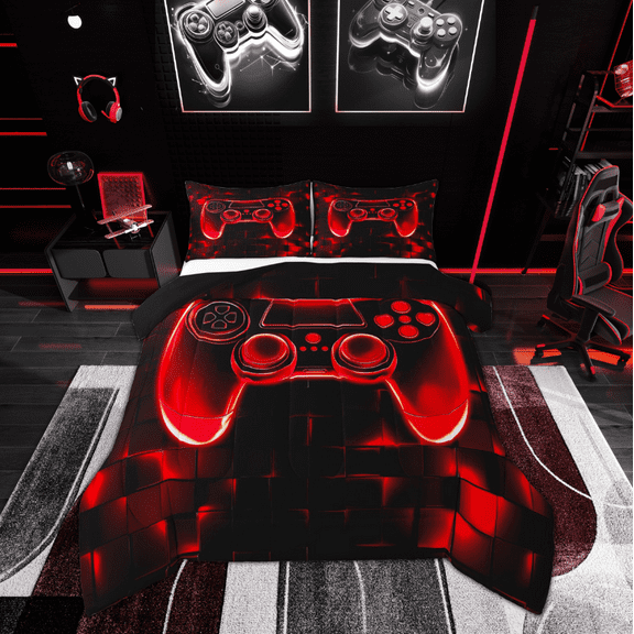 Manfei Futuristic Gamepad Boys Bedding Comforter Set, Black Red Honeycomb Twin Comforter Sets, Geometric Abstract Reversible Bedding Set, Ultra Soft Home Decor, 2pcs