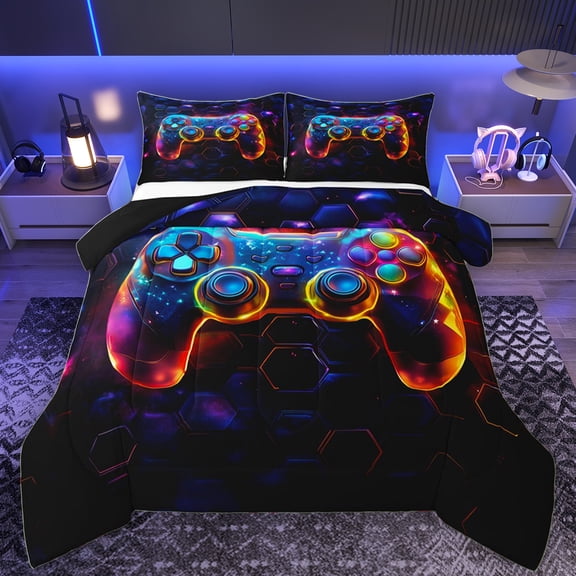 Manfei Futuristic Gamepad Boys Bedding Comforter Set, Modern Honeycomb Twin Comforter Sets, Video Game Controller Reversible Bedding Set, Microfiber Bedroom Decor, 2-Piece