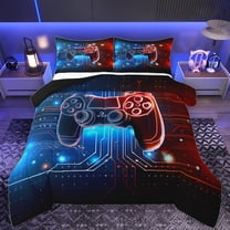 Manfei Futuristic Gamepad Boys Bedding Comforter Set, Neon Stripes Lines Twin Comforter Sets, Video Game Controller Reversible Bedding Set, Ultra Soft Bedroom Decor, 2 Pieces