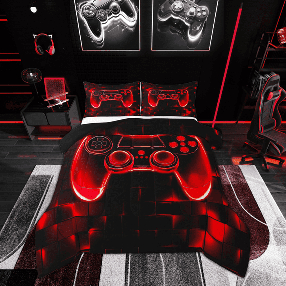 Manfei Futuristic Gamepad Boys Full Size Comforter Sets, Black Red Honeycomb Bedding Comforter Set, Geometric Abstract Reversible Bedding Sets, Ultra Soft Home Decor, 3pcs