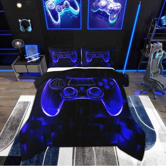 Manfei Futuristic Gamepad Boys Queen Comforter Set, Black Blue Honeycomb Bedding Sets, Geometric Abstract Reversible Bedding Comforter Set, Breathable Home Decor, 3pcs