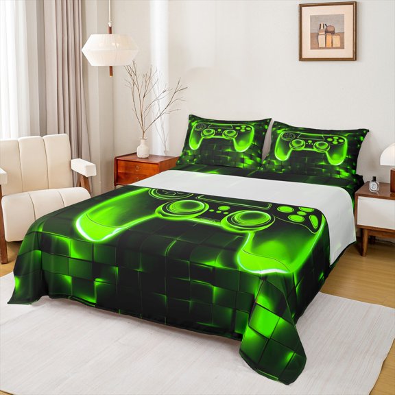 Manfei Futuristic Gamepad Boys Queen Sheet Sets, Black Green Honeycomb Flat Sheet, Geometric Abstract Queen Fitted Sheet, Ultra Soft Home Decor, 4pcs