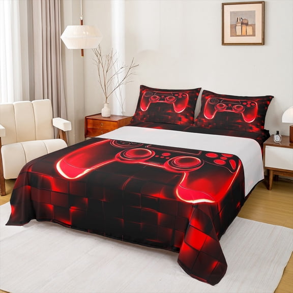 Manfei Futuristic Gamepad 4-Piece Queen Sheet Set, Black Red Honeycomb Bedding