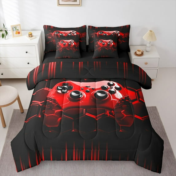 Manfei Futuristic Gamepad Boys Twin Bedding Sets 7-Piece, Black Red Honeycomb Abstract Bedding Comforter Set, Geometric Stripes Reversible Sheet Sets, Breathable Home Decor