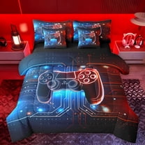 Manfei Futuristic Gamepad Boys Twin Bedding Sets 7-Piece, Neon Stripes Lines Bedding Comforter Set, Video Game Controller Reversible Sheet Sets, Ultra Soft Bedroom Decor