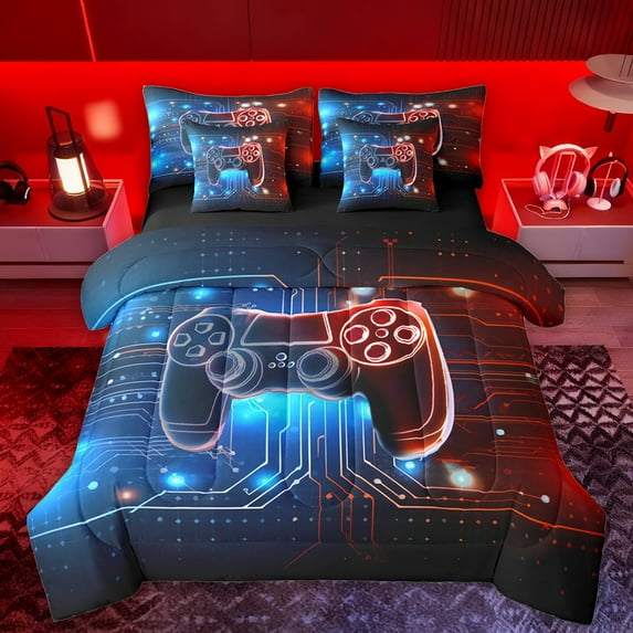 Manfei Futuristic Gamepad Boys Twin Bedding Sets 7-Piece, Neon Stripes Lines Bedding Comforter Set, Video Game Controller Reversible Sheet Sets, Ultra Soft Bedroom Decor