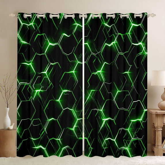 Manfei Futuristic Hexagon Blackout Curtains Set of 2 (52x84 Each), Green Neon Honeycomb Curtain, Green Black