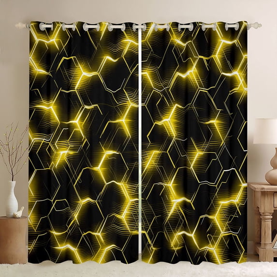 Manfei Futuristic Hexagon Blackout Curtains Set of 2 (52x84 Each), Yellow Neon Honeycomb Curtain, Yellow Black