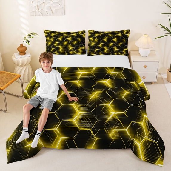 Manfei Futuristic Hexagon Full Size Comforter Sets, Yellow Neon Honeycomb Bedding Comforter Set, Yellow Black, Black Reversible 3pcs, 1 Comforter and 2 Pillowcases