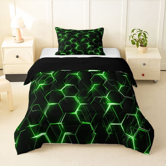 Manfei Futuristic Hexagon Twin Comforter Sets, Green Neon Honeycomb Bedding Set, Green Black, Black Reversible 2-Piece, 1 Comforter and 1 Pillowcase