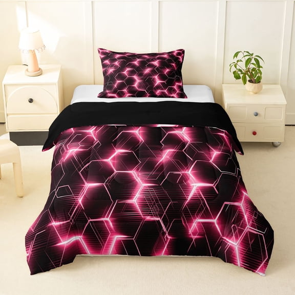 Manfei Futuristic Hexagon Twin Comforter Sets, Pink Neon Honeycomb Bedding Set, Pink Black, Black Reversible 2 Pieces, 1 Comforter and 1 Pillowcase