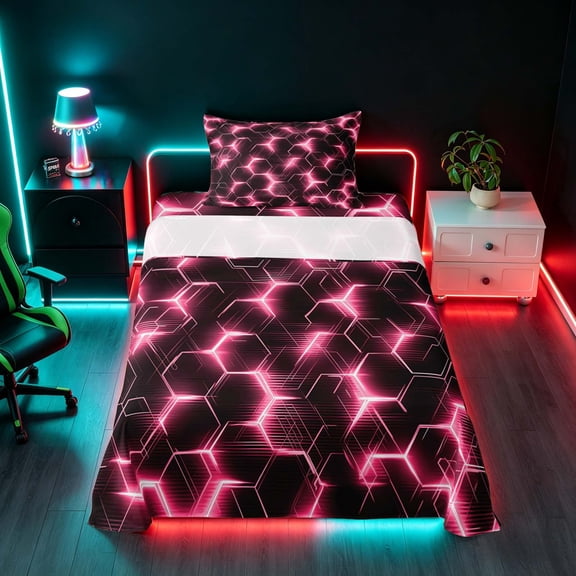 Manfei Futuristic Hexagon Twin Sheets, Pink Neon Honeycomb Bedding, Pink Black, Black Reversible 3 Pieces1 Flat Sheet + 1 Fitted Sheet + 1 Pillowcase
