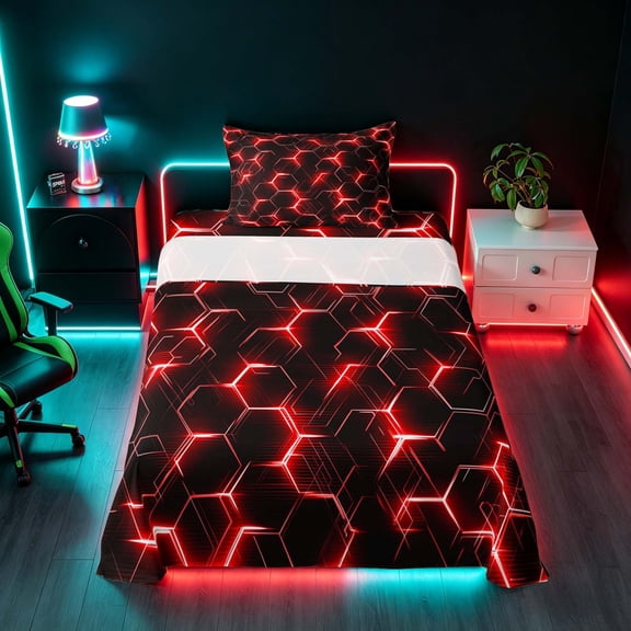 Manfei Futuristic Hexagon Twin Sheets, Red Neon Honeycomb Bedding, Red Black, Black Reversible 3 Pieces1 Flat Sheet + 1 Fitted Sheet + 1 Pillowcase