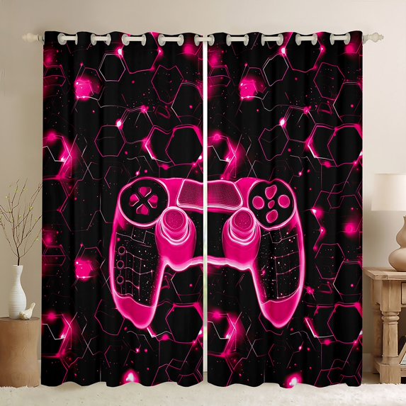 Manfei Futuristic Pink Game Console Black Out Curtains, Psychedelic Starry Sky Curtains Pack of 2 (42x63 Each), Teens Kids Boys Bedroom Curtains, Window Curtains Decor