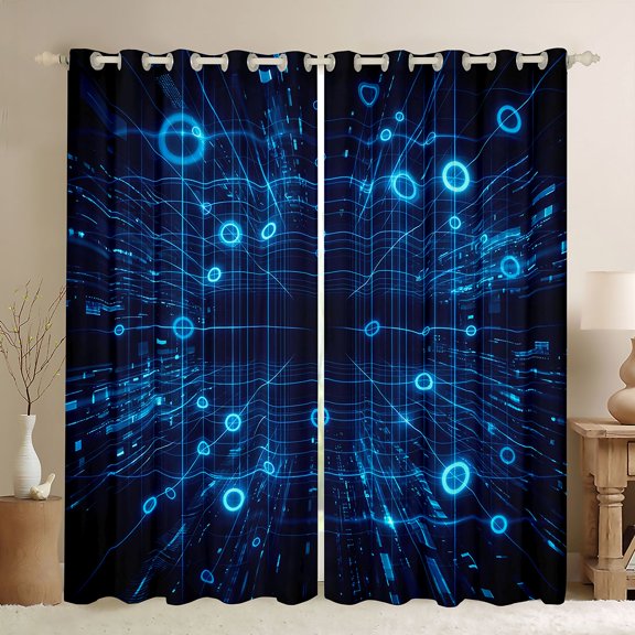 Manfei Futuristic Tech Grid Blackout Curtains Set of 2 (52x84 Each), Blue Neon Circle Curtain, Blue Black