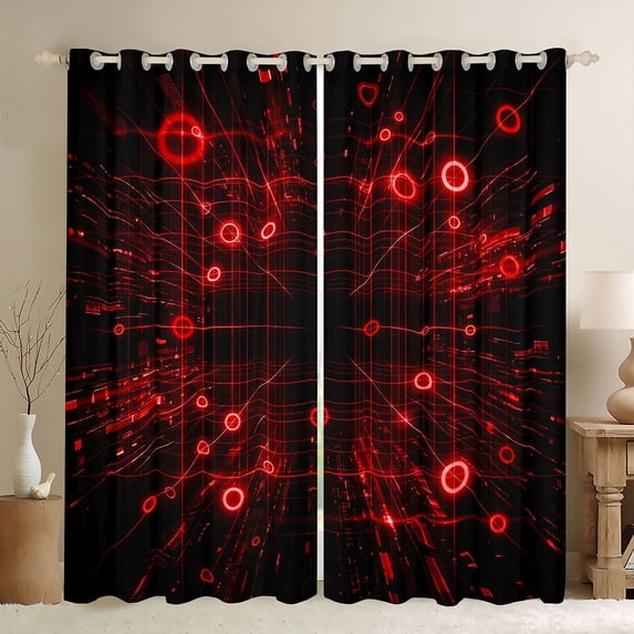 Manfei Futuristic Tech Grid Blackout Curtains Set of 2 (52x84 Each), Red Neon Circle Curtain, Red Black