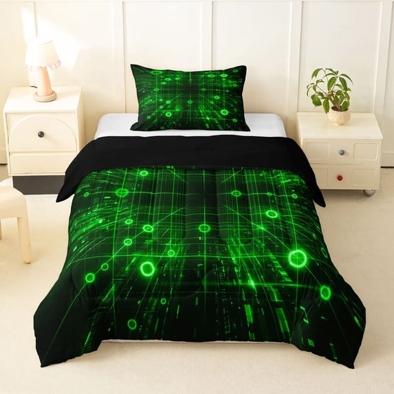 Manfei Futuristic Tech Grid Twin Comforter Sets, Green Neon Circle Bedding Set, Green Black, Black Reversible 2-Piece, 1 Comforter and 1 Pillowcase