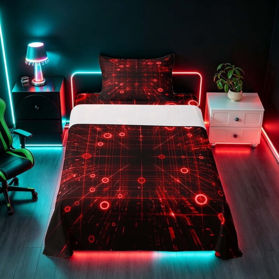Manfei Futuristic Tech Grid Twin Sheets, Red Neon Circle Bedding, Red Black, Black Reversible 3 Pieces1 Flat Sheet + 1 Fitted Sheet + 1 Pillowcase