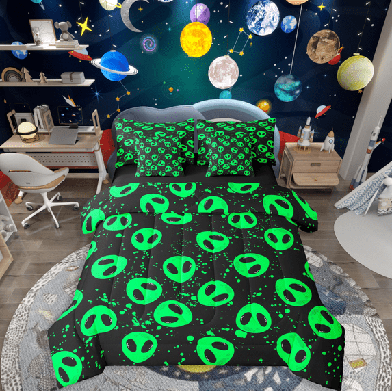 Manfei Galaxy Alien 7 Pieces Bedding Comforter Set,Black Green Full Bedding Set Lightweight,Abstract Splash Fitted Sheet Flat Sheet,Microfiber Boys Bedroom Decor,Reversible