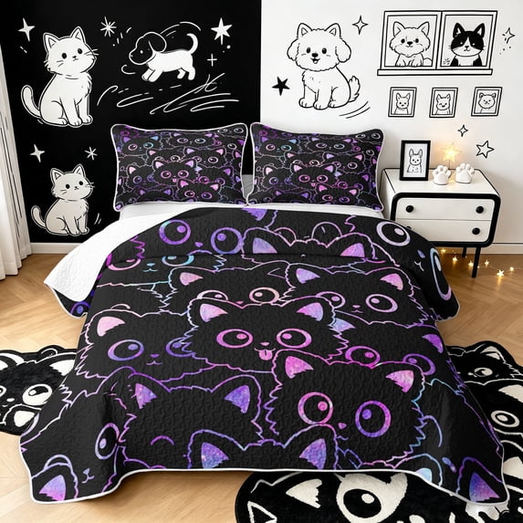 Manfei Galaxy Cat Quilt Full, Iridescent Outline Full Bedspread Sets, Black Pink Blue, 3 Pieces, 1 Coverlet and 2 Pillowcases