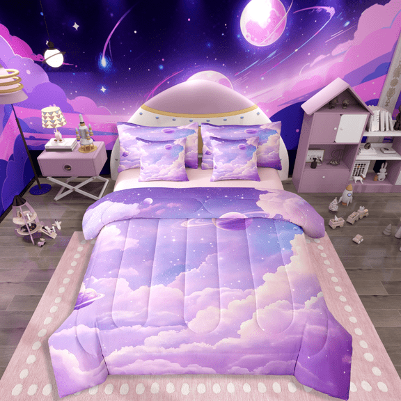 Manfei Galaxy Planet 7-Piece Twin Bedding Sets,Starry Sky Bedding Comforter Set,Dreamy Nebula Breathable Sheet Sets,Ultra Soft Universe Room Decoration,Reversible