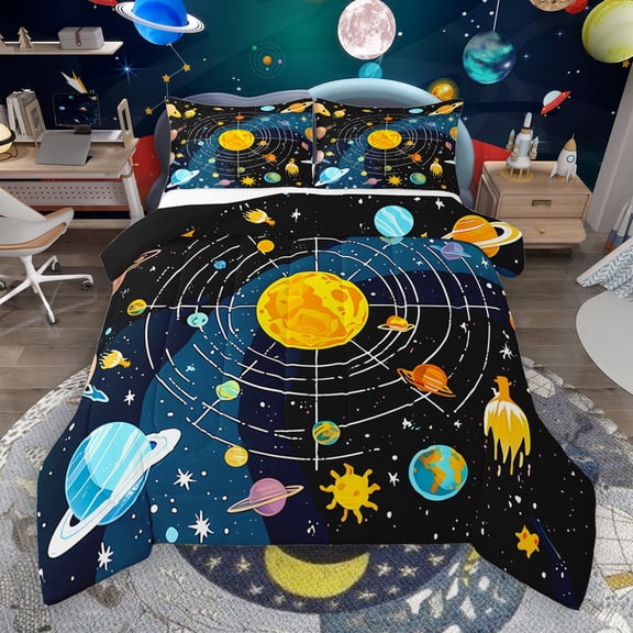 Manfei Galaxy Planet Queen Comforter Set,Solar System Bedding Sets,Outer Space Theme Bedding Comforter Set For Boys Kids,Ultra Soft Home Decor Reversible,3pcs
