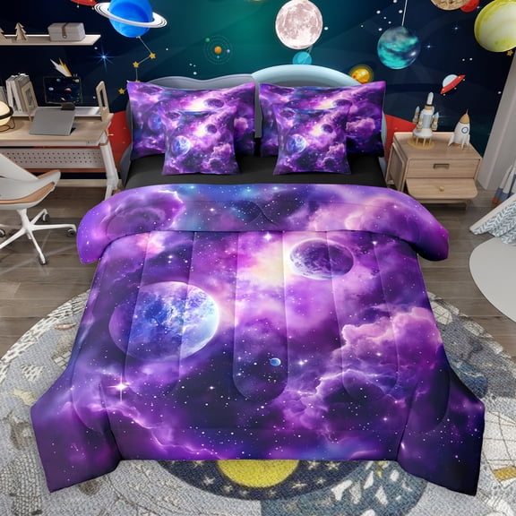 Manfei Galaxy Starry Sky 7-Piece Bedding Comforter Set,Universe Palnets King Bedding Sets,Purple White Bed Sheets For Girl Boys,Microfiber Bedroom Decor Reversible