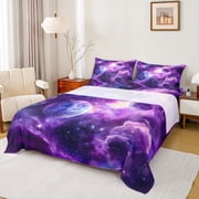 Manfei Galaxy Starry Sky Queen Sheet Sets,Universe Palnets Flat Sheet,Purple White Queen Fitted Sheet For Girl Boys,Micr