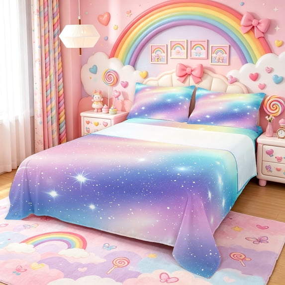 Manfei Galaxy Starry Sky Queen Sheets, Glitter Stars Print Queen Sheet Sets, Pink Blue, 4pcs, 1 Flat Sheet, 1 Fitted Sheet and 2 Pillowcases