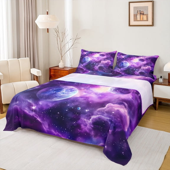 Manfei Galaxy Starry Sky Twin Sheet Sets,Universe Palnets Twin Fitted Sheet,Purple White Flat Sheet For Girl Boys,Microfiber Bedroom Decor,3pcs
