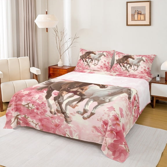 Manfei Galloping Horse 3pcs Twin Sheet Sets,Pink Sakura Twin Fitted Sheet,Floral Animal Breathable Flat Sheet,Ultra Soft Flower Bedroom Decorative