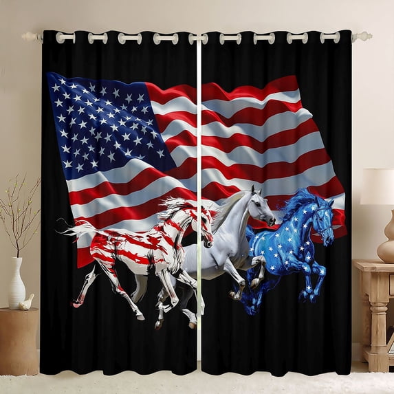 Manfei Galloping Horse Kitchen Curtains, Patriotic American Flag Black Out Curtains Pack of 2 (42x63 Each), Red White Blue