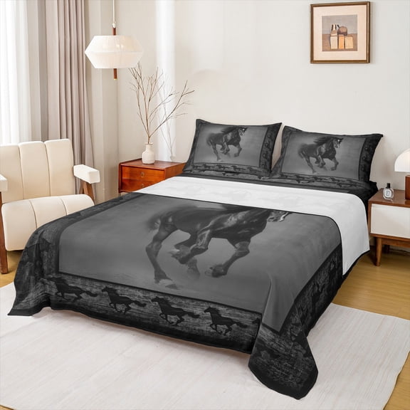 Manfei Galloping Horse Twin Sheet Sets 3pcs, Black Gray Twin Fitted Sheet, Retro Farm Animal Flat Sheet, Ultra Soft Home Decor