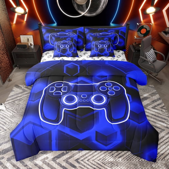Manfei Game 7-Piece Twin Bedding Sets,Blue Gamepad Controller Bedding Comforter Set,Abstract Geometric Sheet Sets For Boy,Microfiber Room Decor Reversible