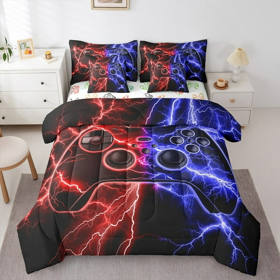 Manfei Game Bedding Comforter Set 7pcs,Gamepad Controller Queen Bedding Sets,Red Blue Lightning Queen Sheet Sets For Boy,Microfiber Room Decor Reversible